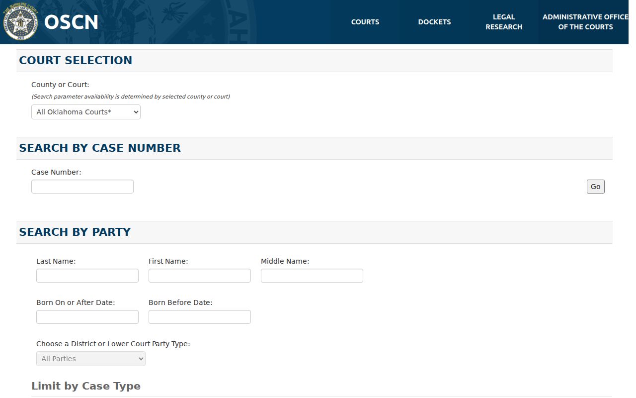 OSCN court selector used to locate Creek County docket events