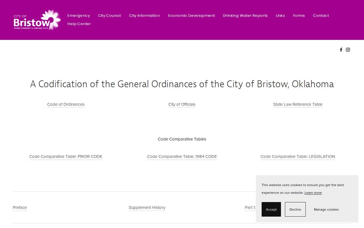 Bristow municipal code index showing the Municipal Court article