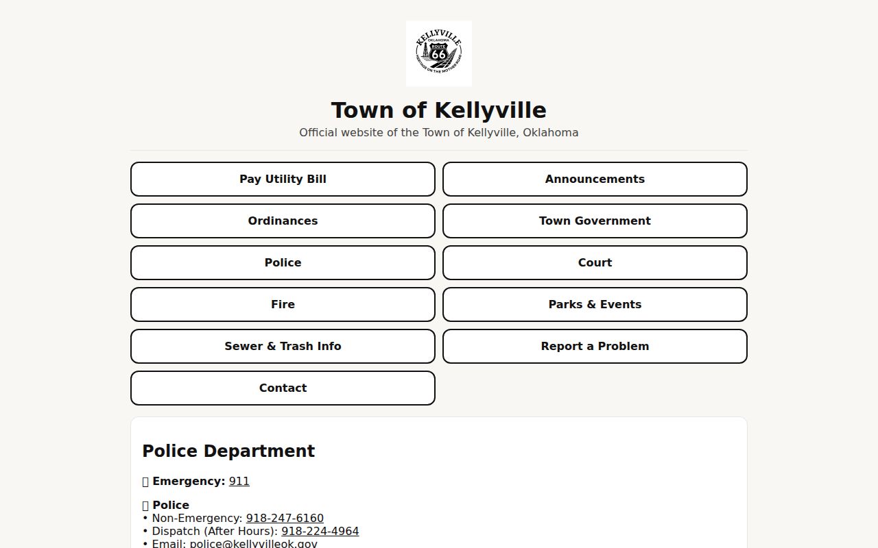 Kellyville Police Department address and contact channels