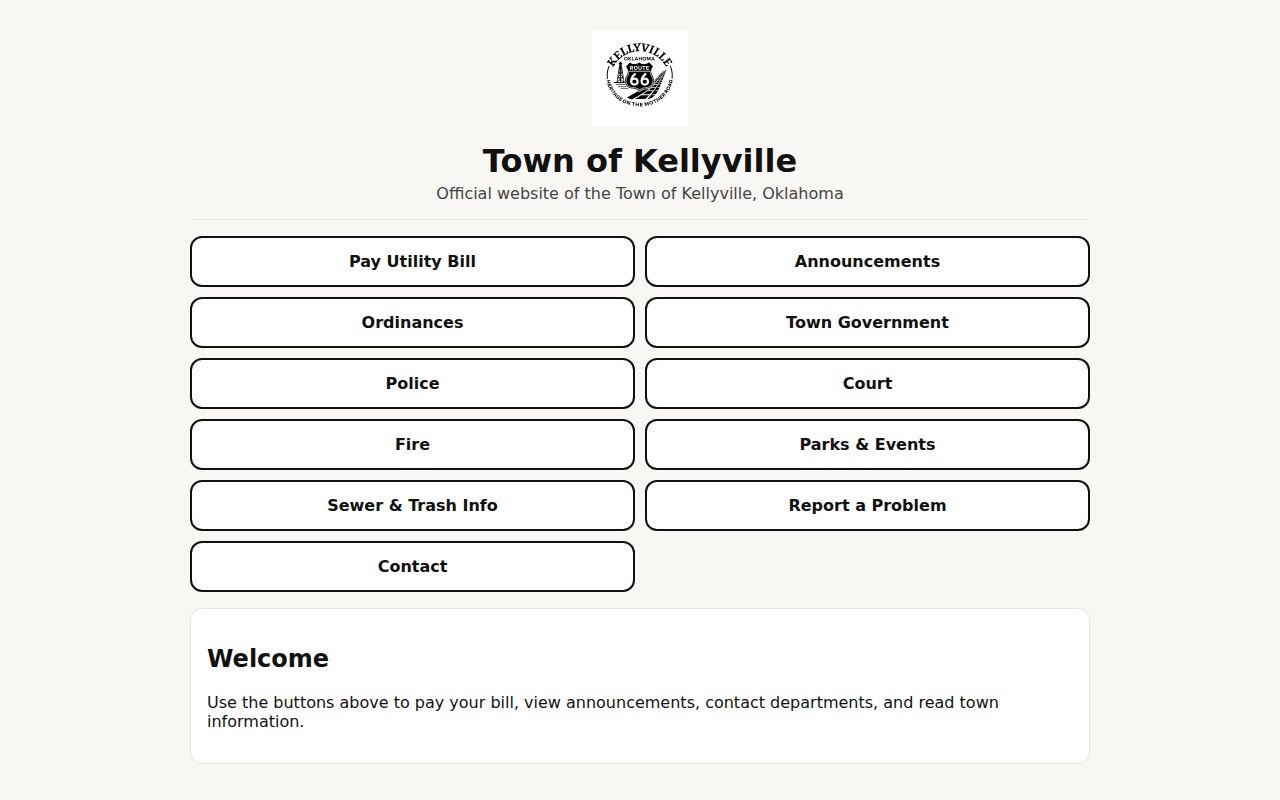 Kellyville town website navigation showing Court and Police links