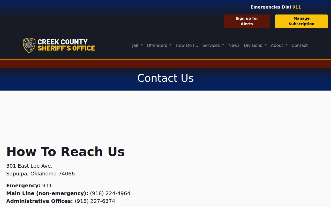 Creek County Sheriff's Office contact page and public office information