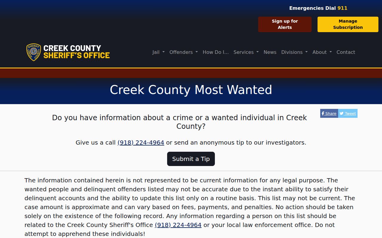Creek County Most Wanted search field and official warning interface
